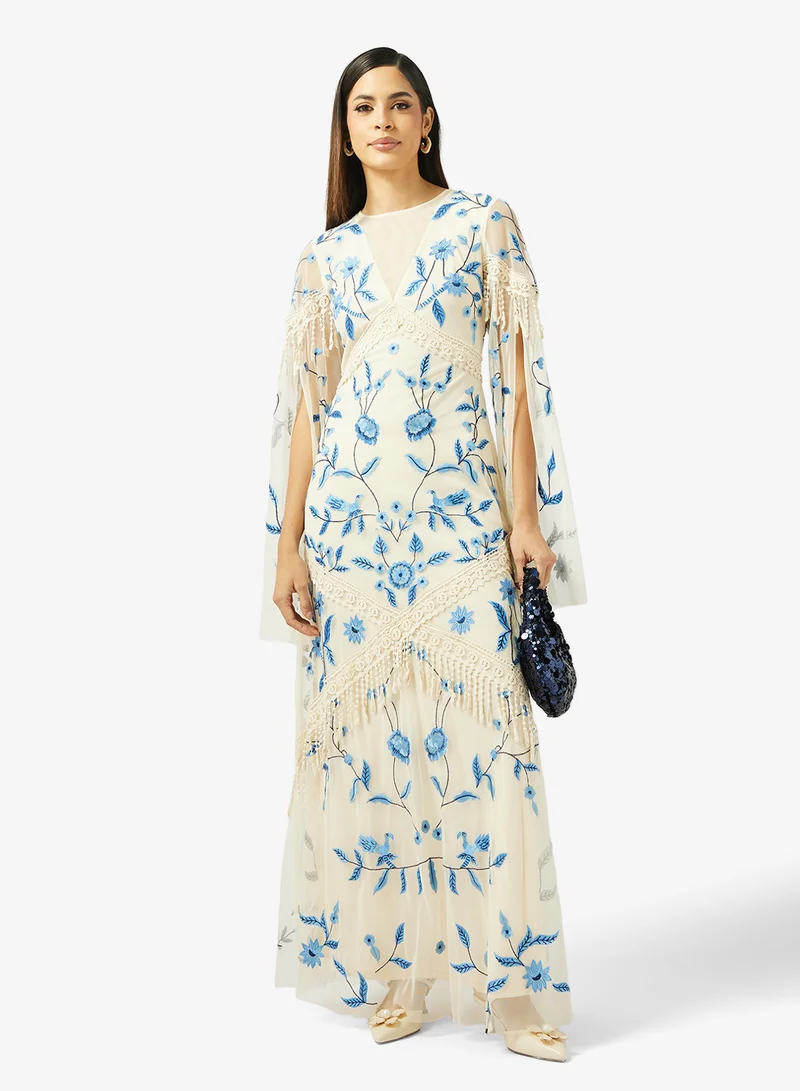 Frock And Frill  Printed Plunge Neck Cape Sleeve Maxi Dress for Women | Best Price UAE